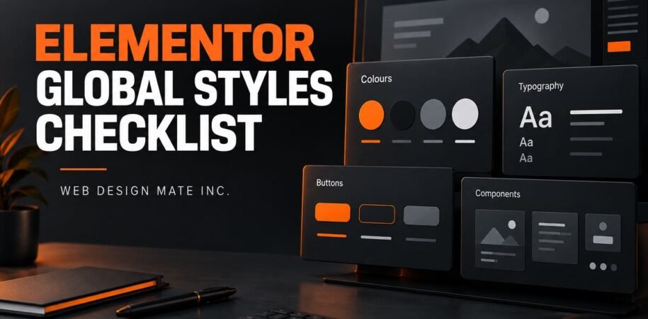 Elementor global styles checklist for colours, typography, buttons and components by Web Design Mate Inc.