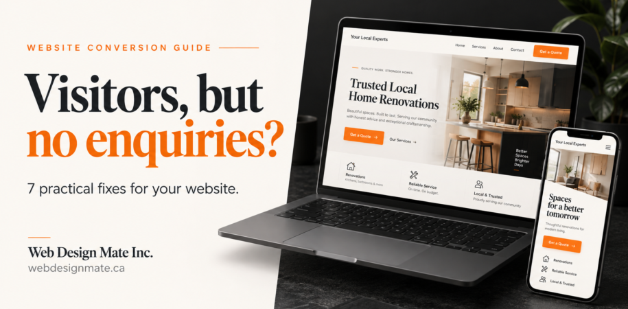 Laptop and phone website mockups beside the headline “Visitors, but no enquiries?” on a Web Design Mate banner.