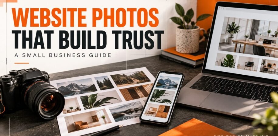Website photography planning desk with camera, image selections and responsive website previews