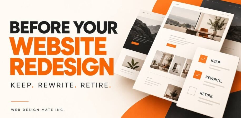 Website redesign content inventory banner with keep, rewrite and retire checklist and Web Design Mate Inc. branding