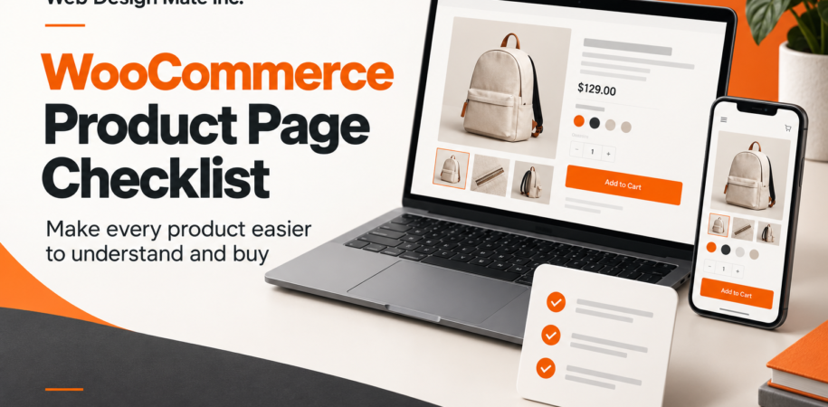 WooCommerce product page checklist shown beside a laptop and smartphone displaying a responsive online product page.