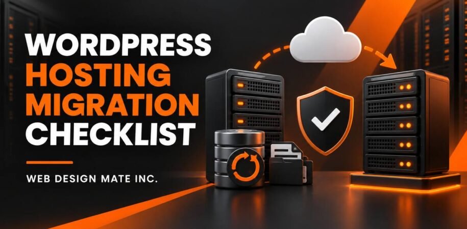 WordPress hosting migration checklist showing server transfer, DNS, backups and testing by Web Design Mate Inc.