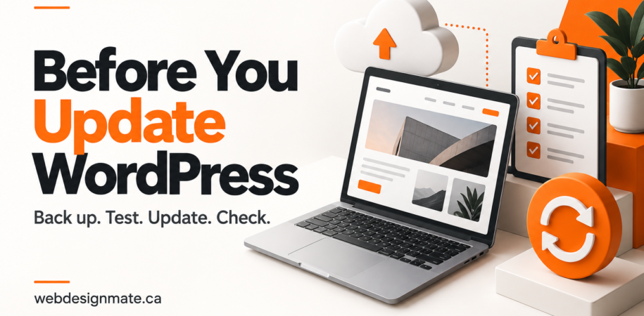 Before You Update WordPress: laptop, backup cloud and checklist in Web Design Mate’s orange branding.